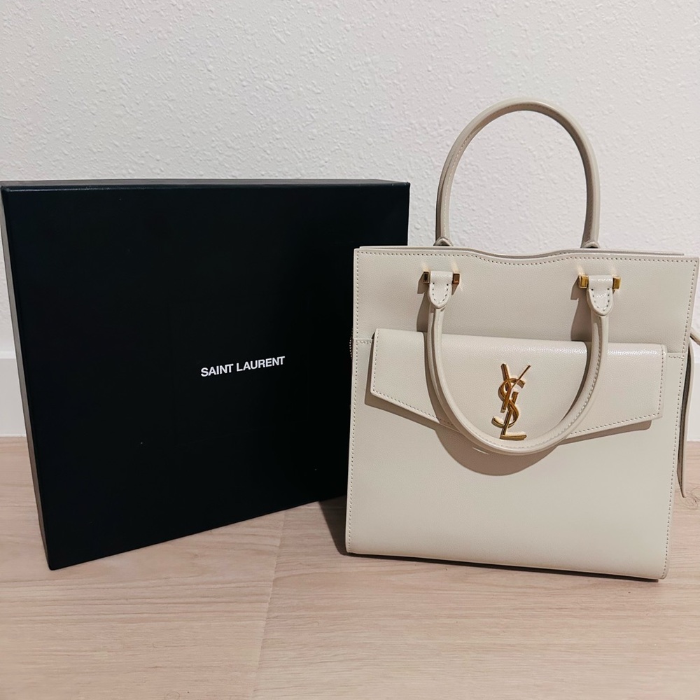 Saint Laurent UPTOWN tote bag Cream Satchel with Gold Logo and Structured Design